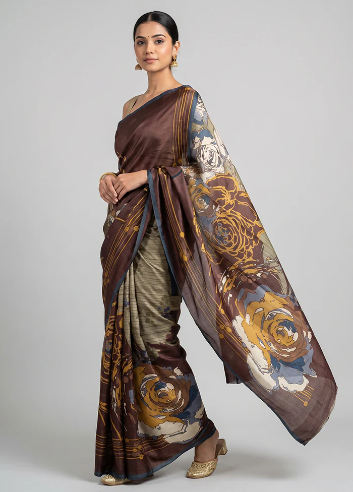 Cream Printed Silk Saree Without Blouse Piece