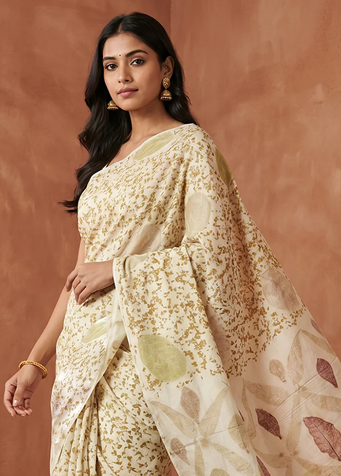 Cream Printed Pure Silk Saree Without Blouse Piece - Image 2