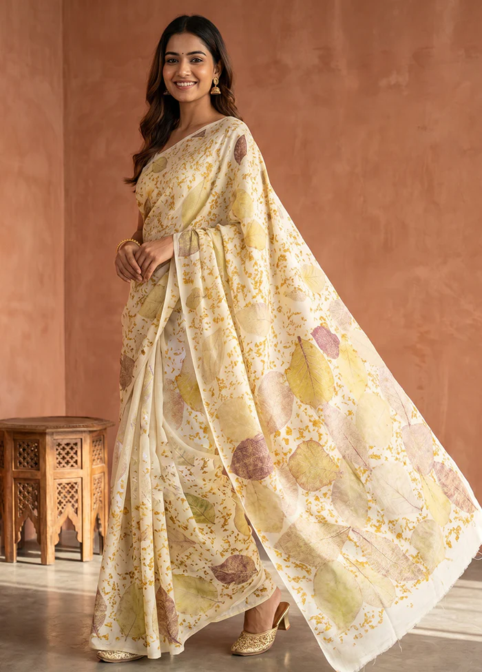 Cream Printed Pure Silk Saree Without Blouse Piece