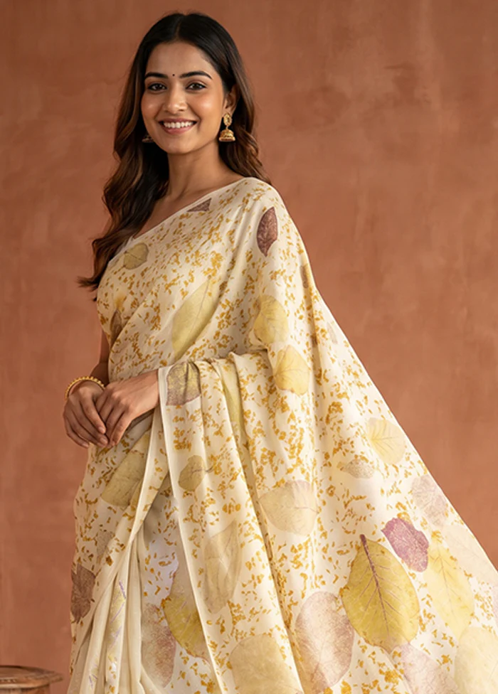 Cream Printed Pure Silk Saree Without Blouse Piece - Image 2