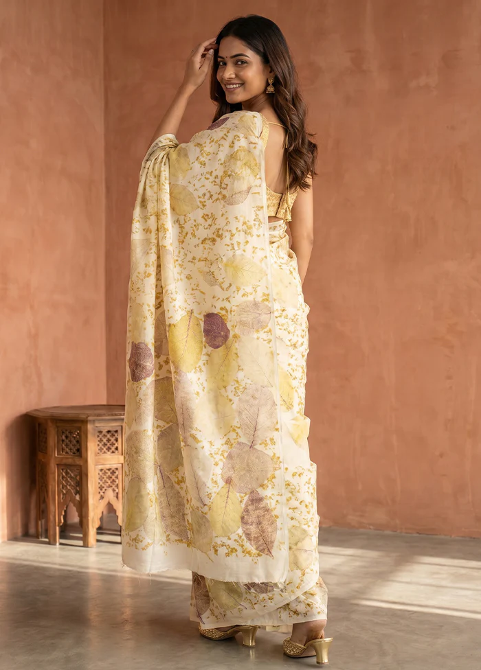 Cream Printed Pure Silk Saree Without Blouse Piece - Image 3