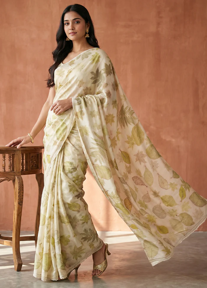 Cream Printed Pure Silk Saree Without Blouse Piece