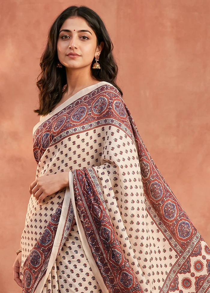 Cream Printed Pure Silk Saree Without Blouse Piece - Image 2