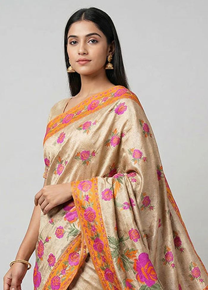 Cream Printed Silk Saree Without Blouse Piece - Image 2