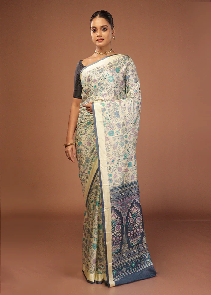 Cream Printed Silk Saree Without Blouse Piece - Image 2