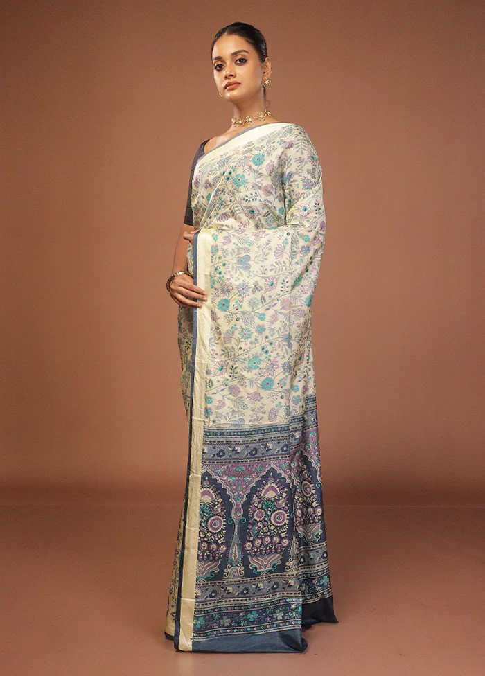 Cream Printed Silk Saree Without Blouse Piece - Image 4