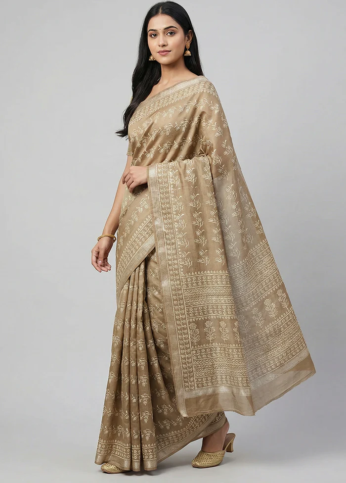 Cream Printed Silk Saree Without Blouse Piece