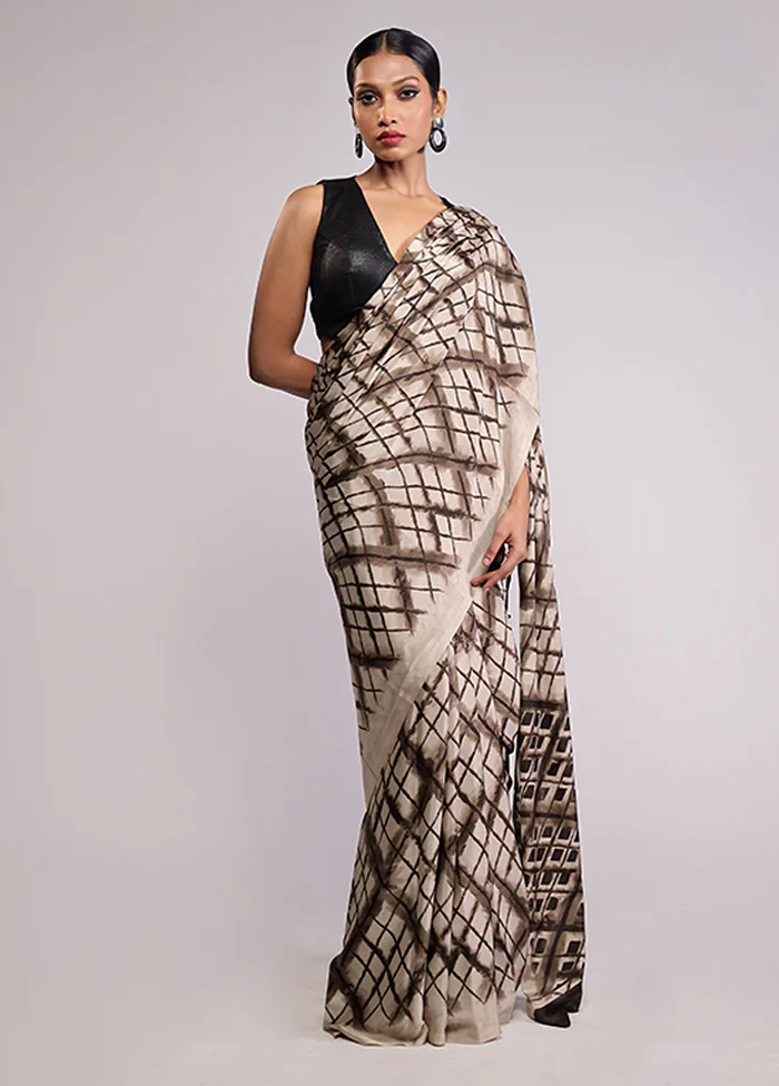 Cream Printed Silk Saree Without Blouse Piece - Image 2
