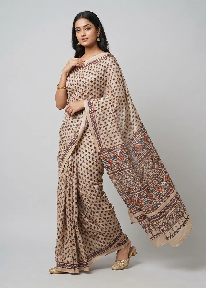 Cream Printed Silk Saree Without Blouse Piece
