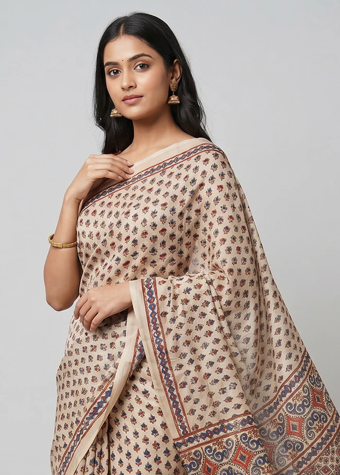 Cream Printed Silk Saree Without Blouse Piece - Image 2