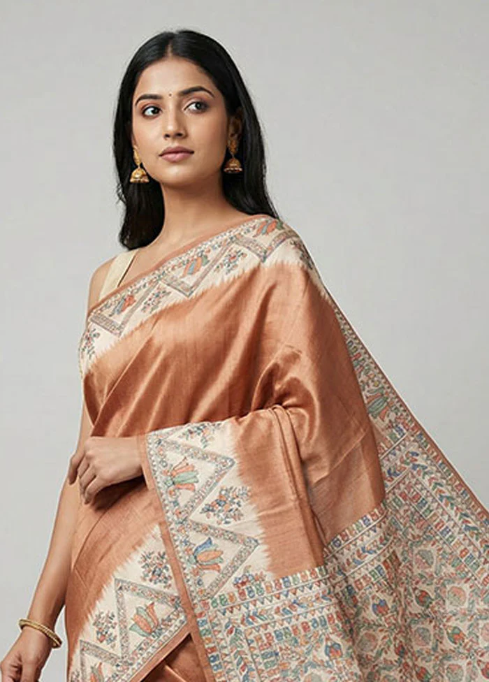 Cream Printed Silk Saree Without Blouse Piece - Image 2