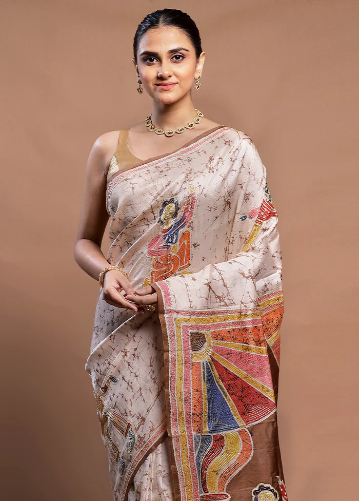 Cream Pure Bishnupuri Stich Saree Without Blouse Piece - Image 2