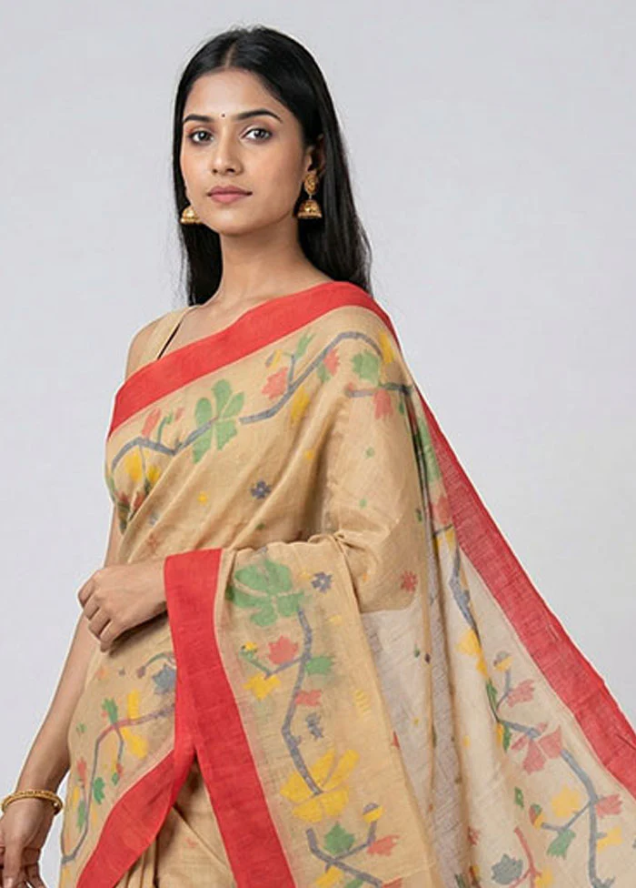 Cream Pure Cotton Jamdani Saree Without Blouse Piece - Image 2