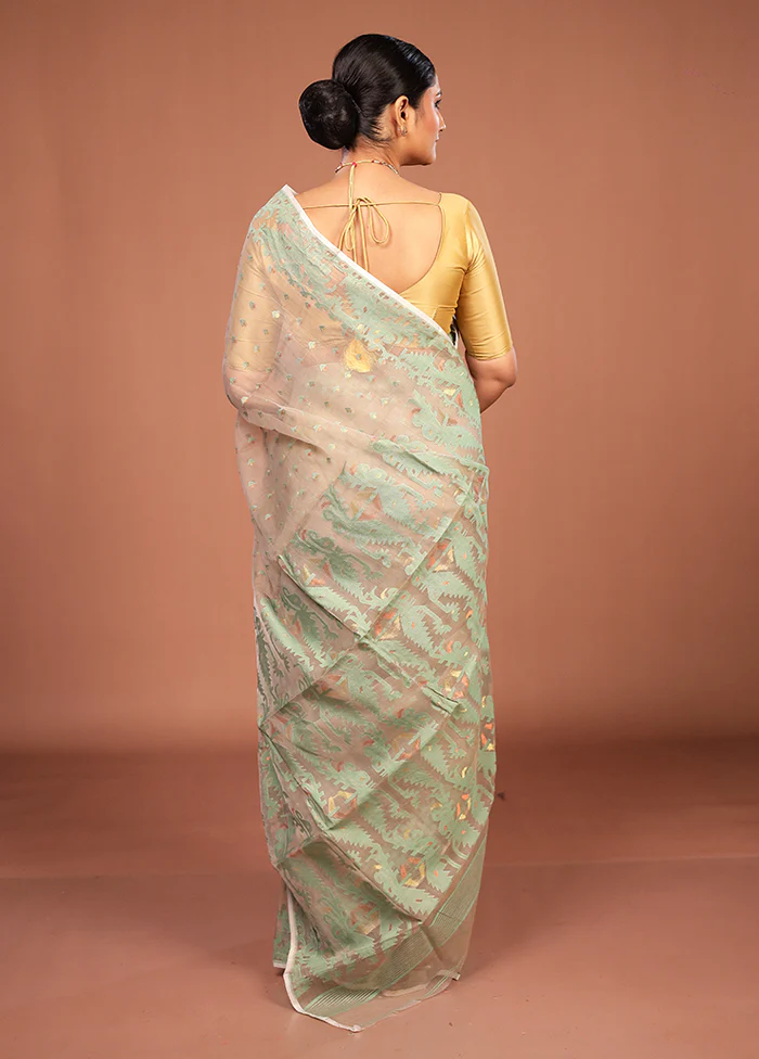 Cream Pure Cotton Jamdani Saree Without Blouse Piece - Image 3
