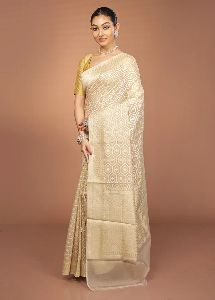 Cream Pure Cotton Saree With Blouse Piece - Image 4