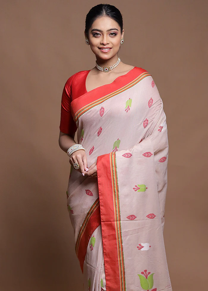 Cream Pure Cotton Saree With Blouse Piece - Image 2