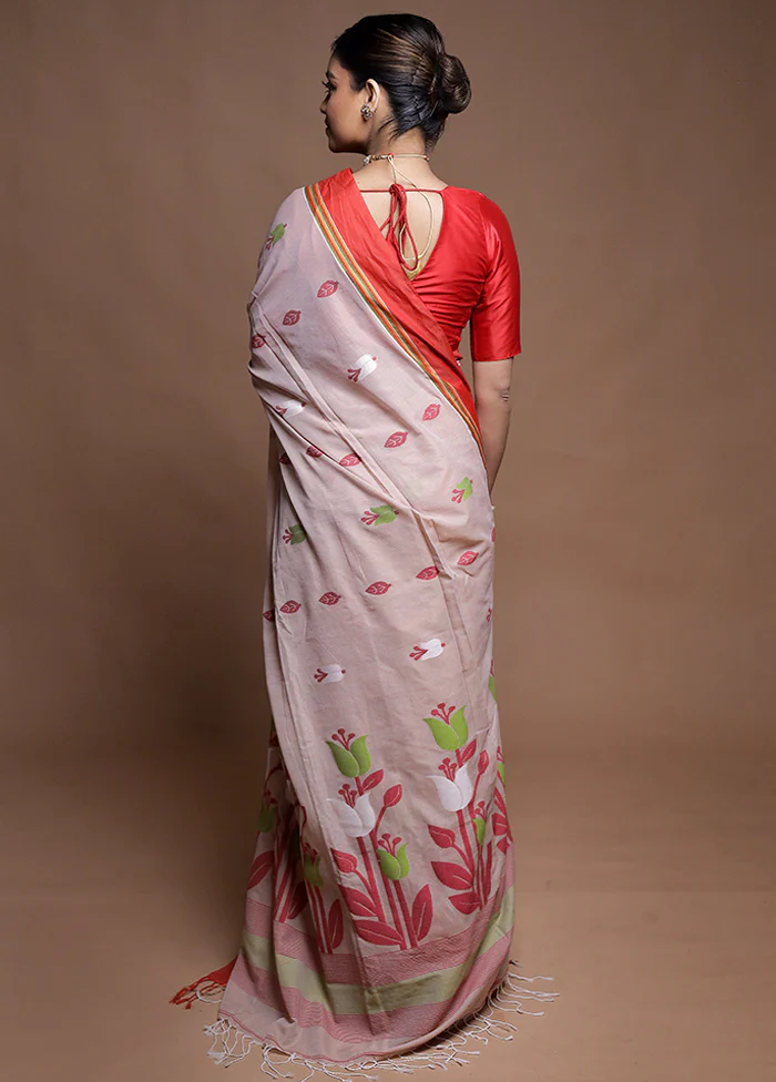 Cream Pure Cotton Saree With Blouse Piece - Image 3