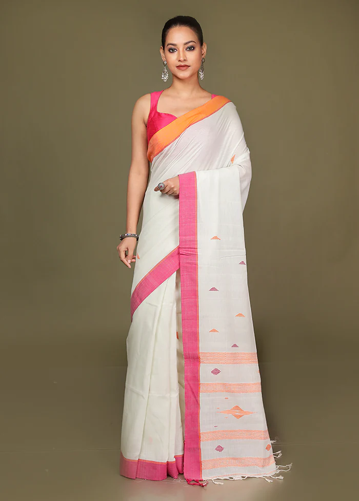 Cream Pure Cotton Saree With Blouse Piece - Image 2