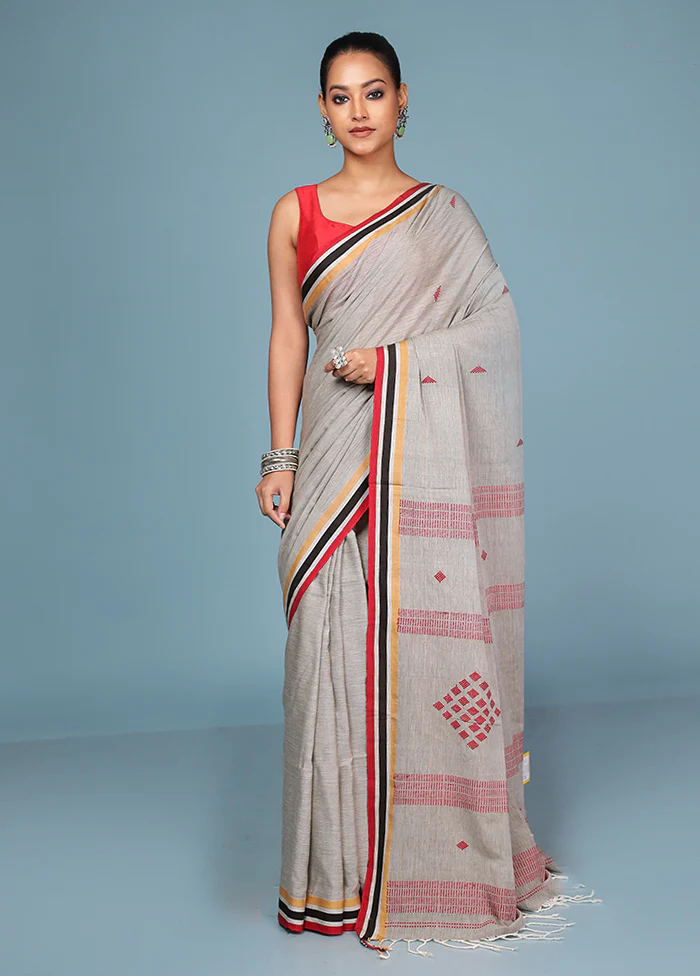 Grey Pure Cotton Saree With Blouse Piece - Image 2
