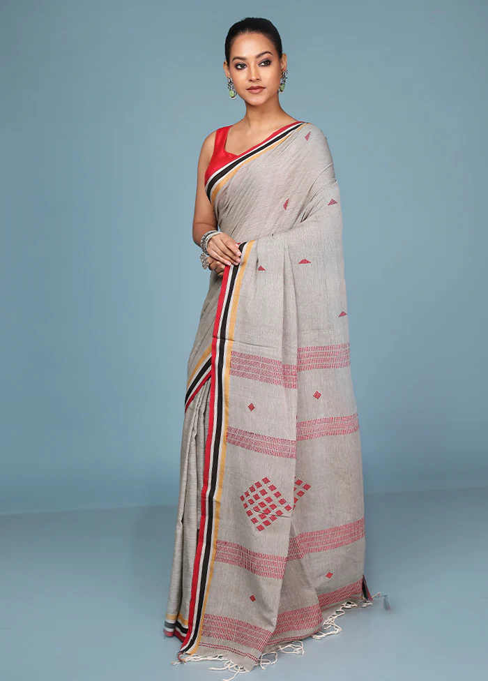 Grey Pure Cotton Saree With Blouse Piece - Image 4