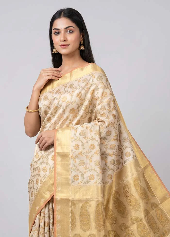 Cream Pure Cotton Saree With Blouse Piece - Image 2