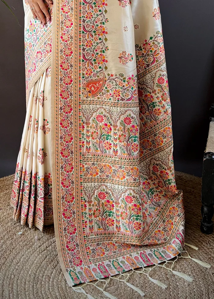 Cream Spun Silk Saree With Blouse Piece - Image 3