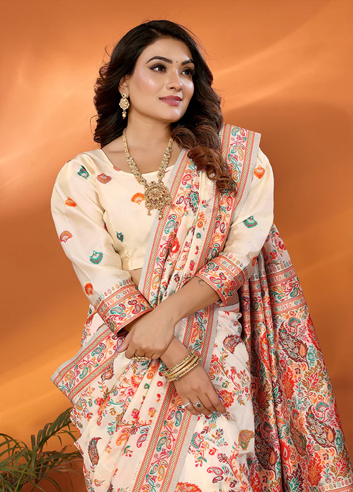 Cream Spun Silk Saree With Blouse Piece - Image 2