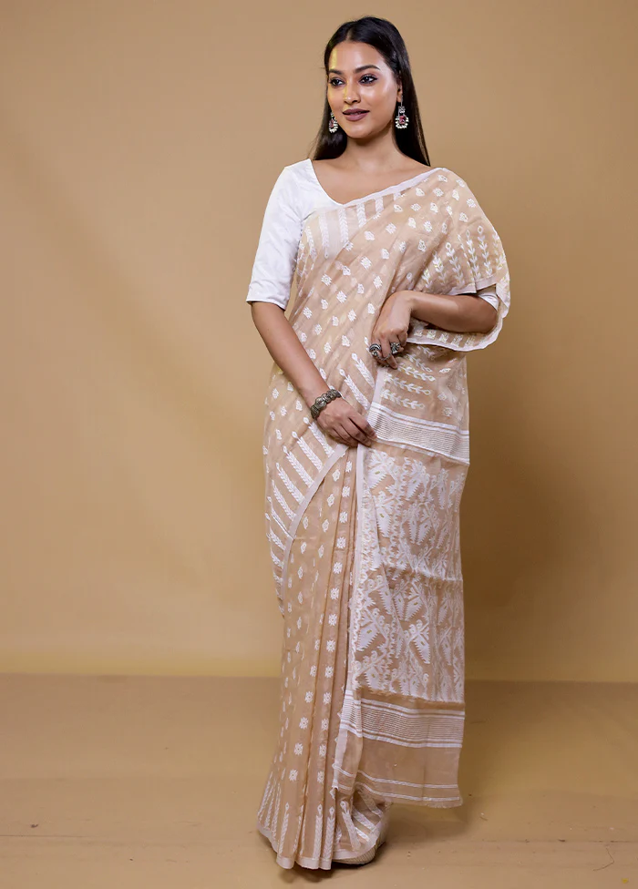 Cream Tant Jamdani Saree Without Blouse Piece - Image 2