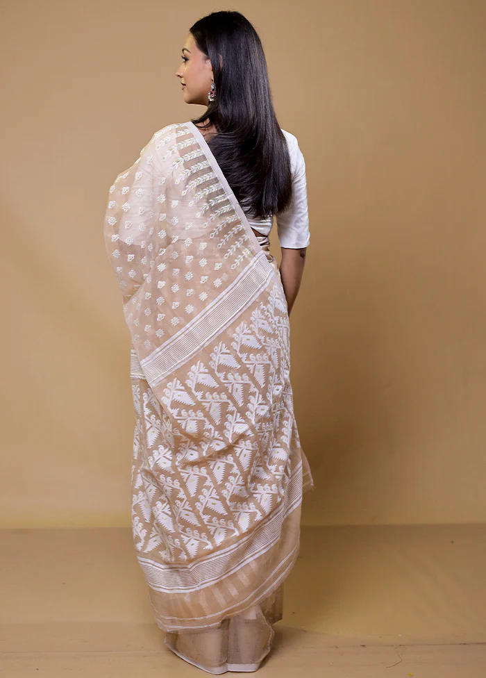 Cream Tant Jamdani Saree Without Blouse Piece - Image 3