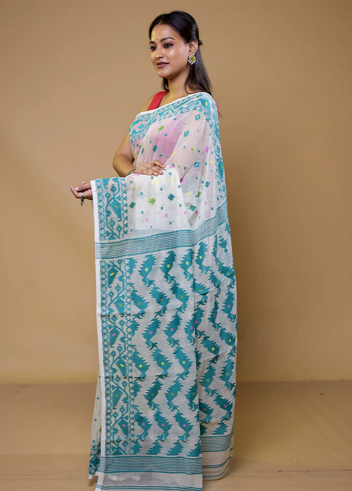 Cream Tant Jamdani Saree Without Blouse Piece - Image 4