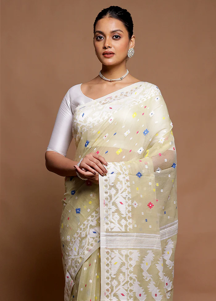 Cream Tant Jamdani Saree Without Blouse Piece - Image 2