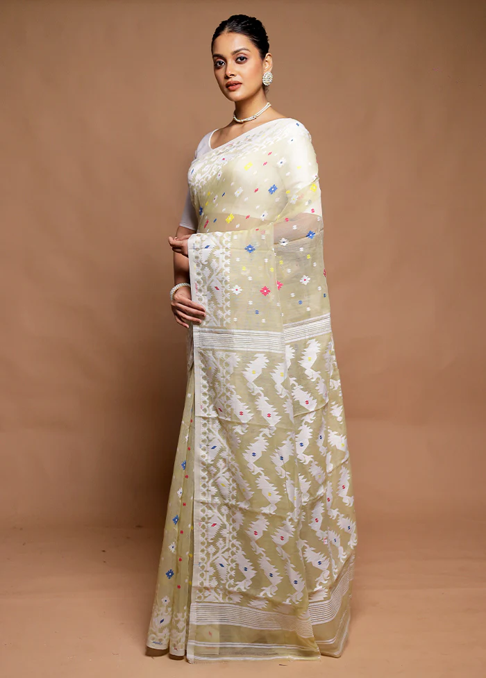 Cream Tant Jamdani Saree Without Blouse Piece - Image 4