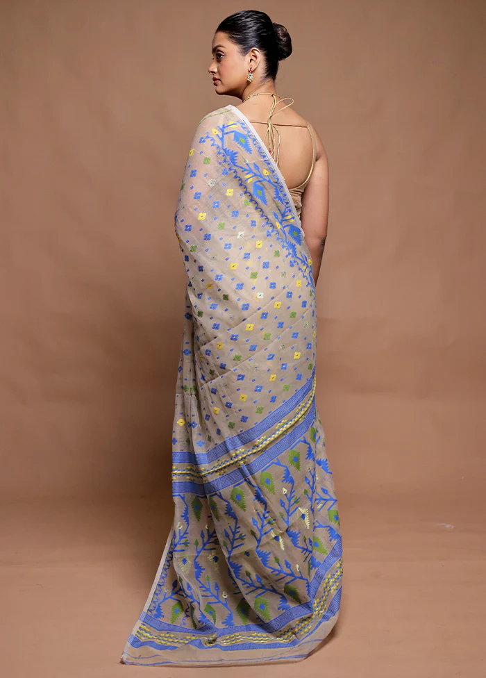 Cream Tant Jamdani Saree Without Blouse Piece - Image 3