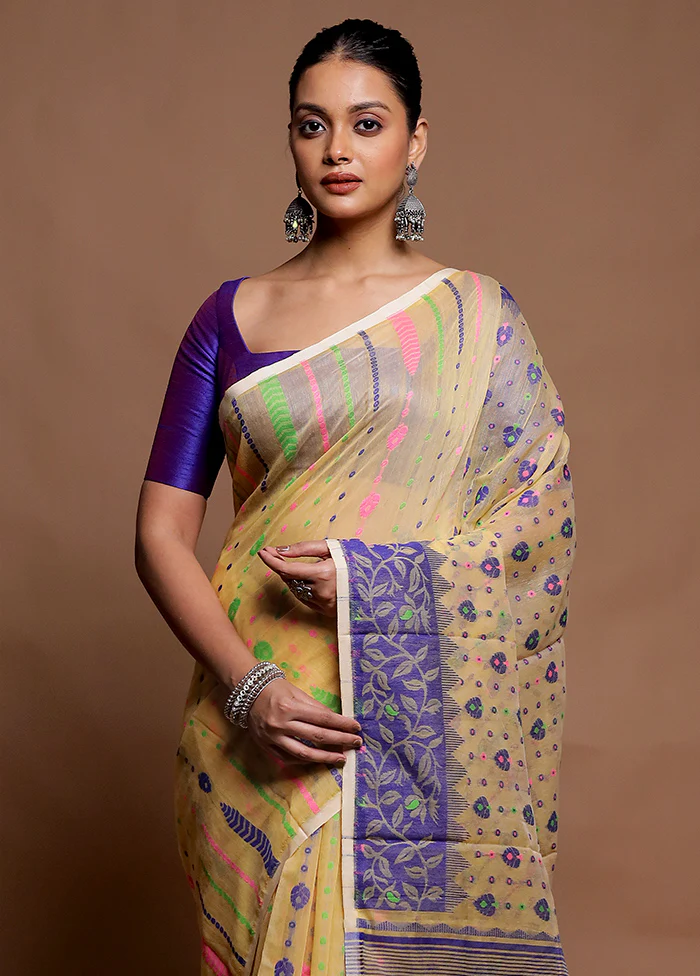 Cream Tant Jamdani Saree Without Blouse Piece - Image 2