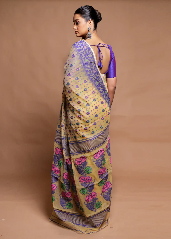 Cream Tant Jamdani Saree Without Blouse Piece - Image 3