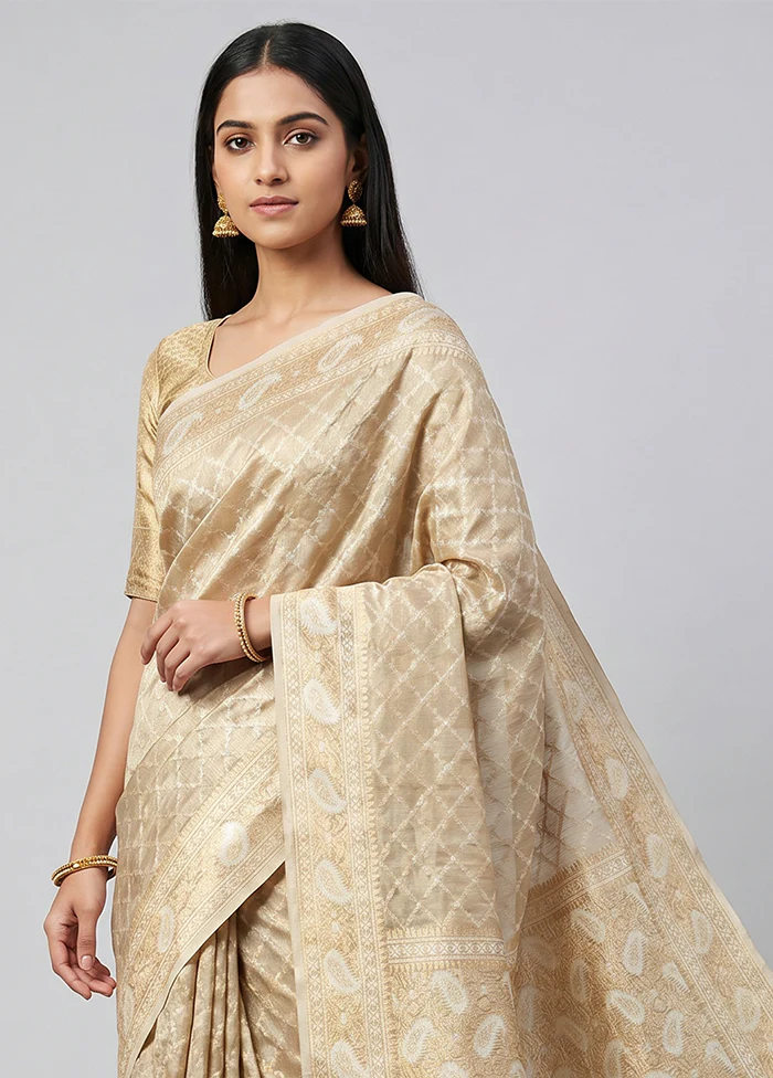 Cream Tissue Silk Saree With Blouse Piece - Image 2