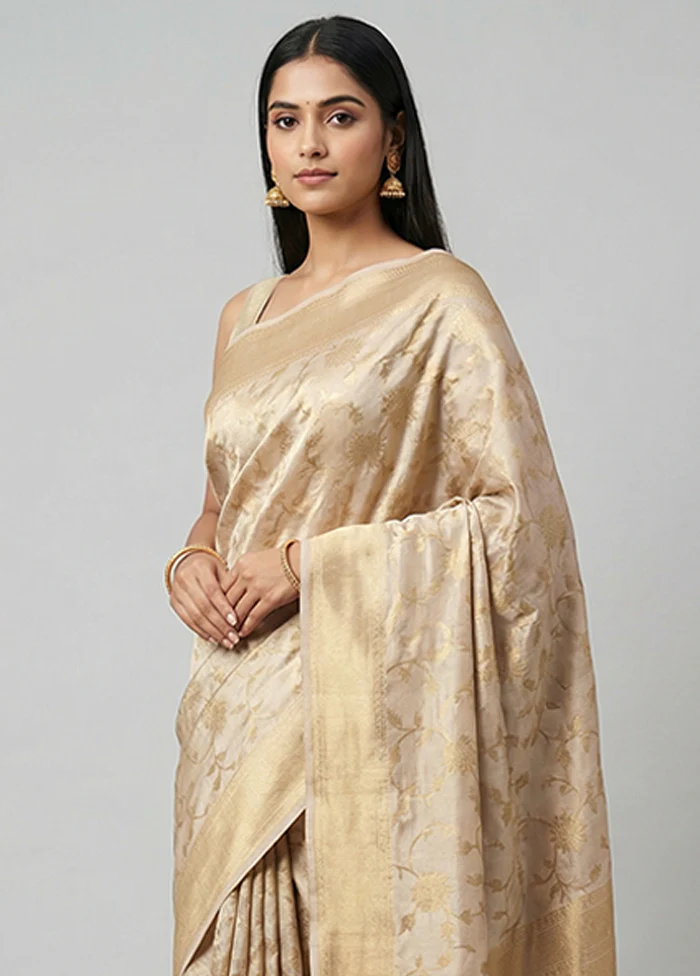 Cream Tissue Silk Saree With Blouse Piece - Image 2