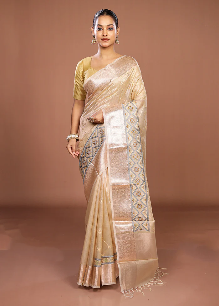 Cream Tissue Silk Saree With Blouse Piece - Image 2