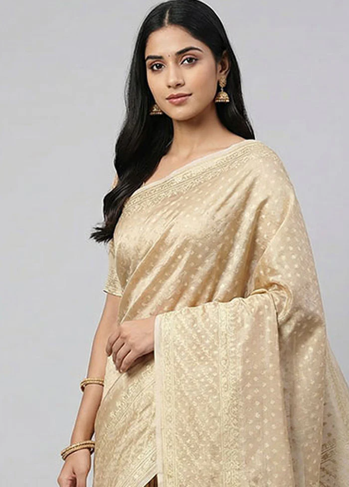 Cream Tissue Silk Saree With Blouse Piece - Image 2