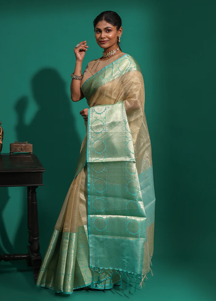 Cream Tissue Silk Saree With Blouse Piece - Image 4