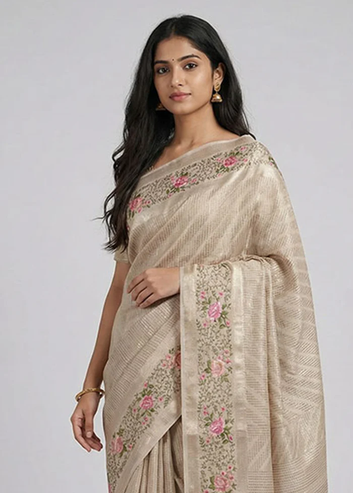 Cream Tissue Silk Saree With Blouse Piece - Image 2