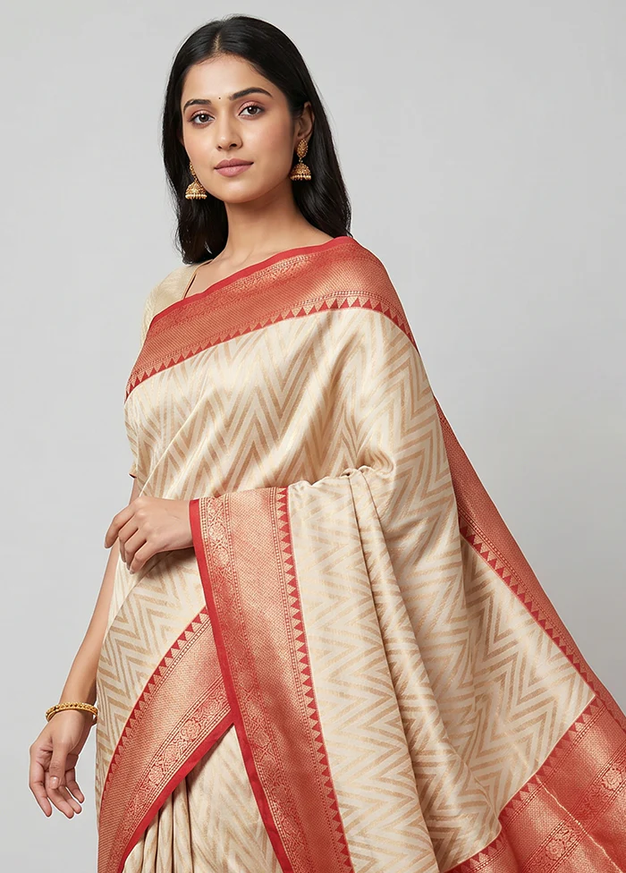Cream Tissue Silk Saree With Blouse Piece - Image 2