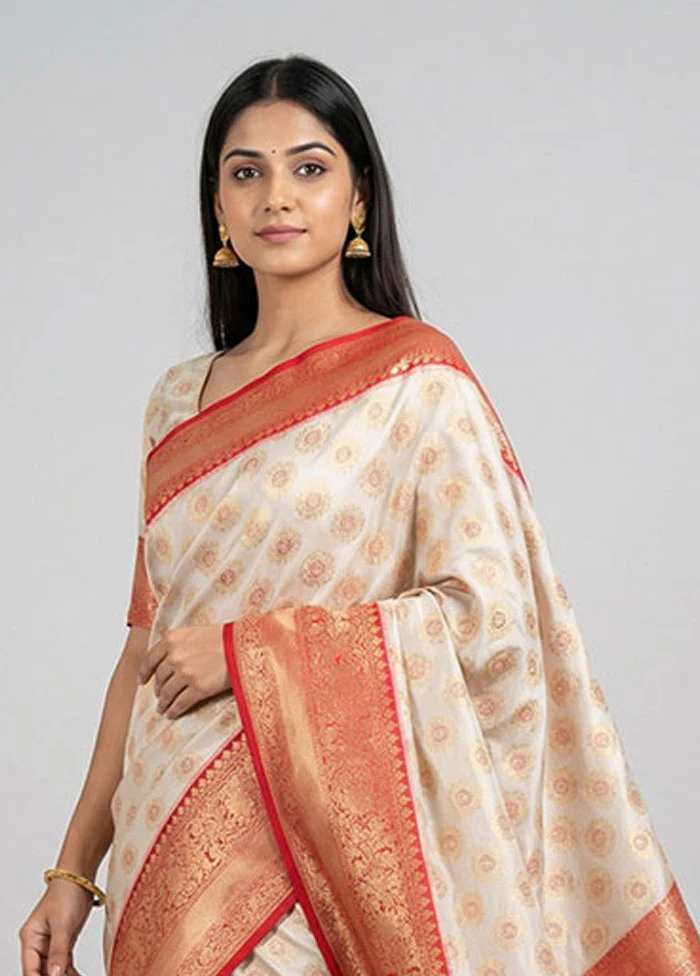 Cream Tissue Silk Saree With Blouse Piece - Image 2