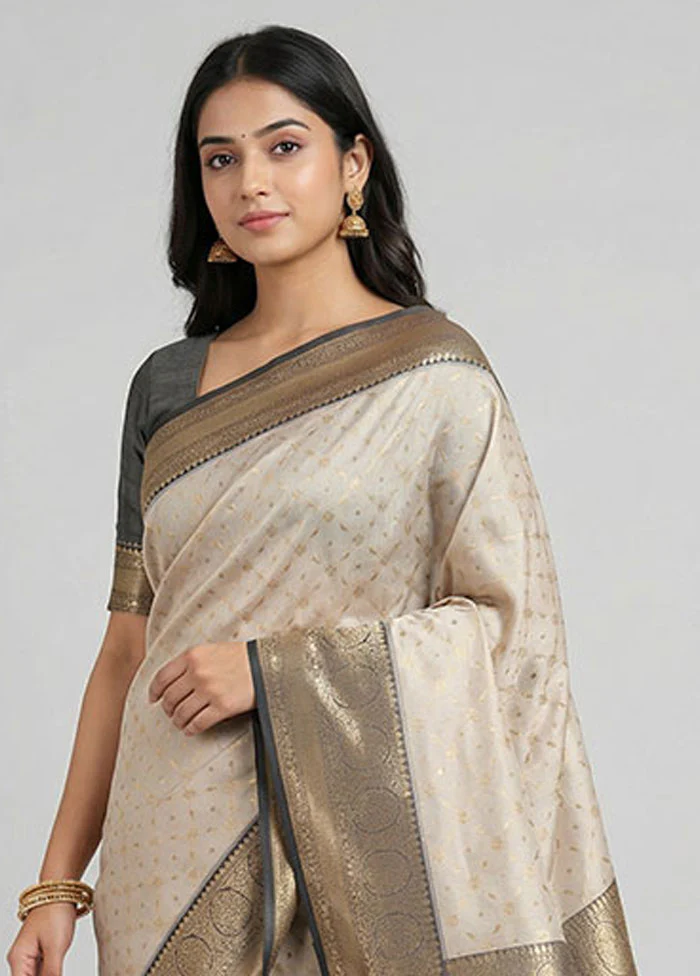 Cream Tissue Silk Saree With Blouse Piece - Image 2