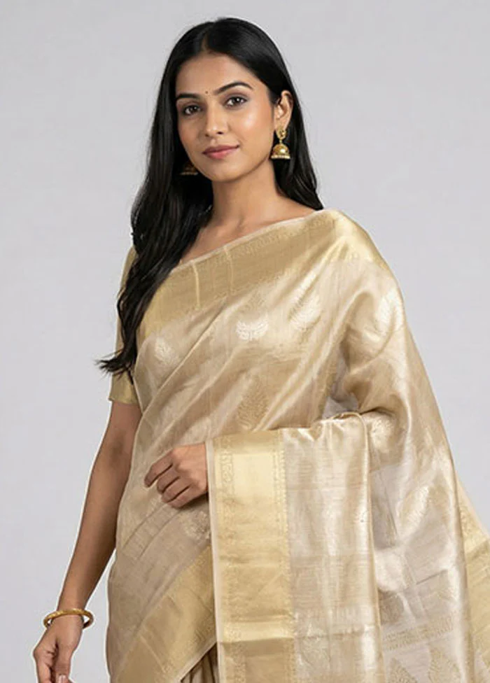 Cream Tissue Silk Saree With Blouse Piece - Image 2