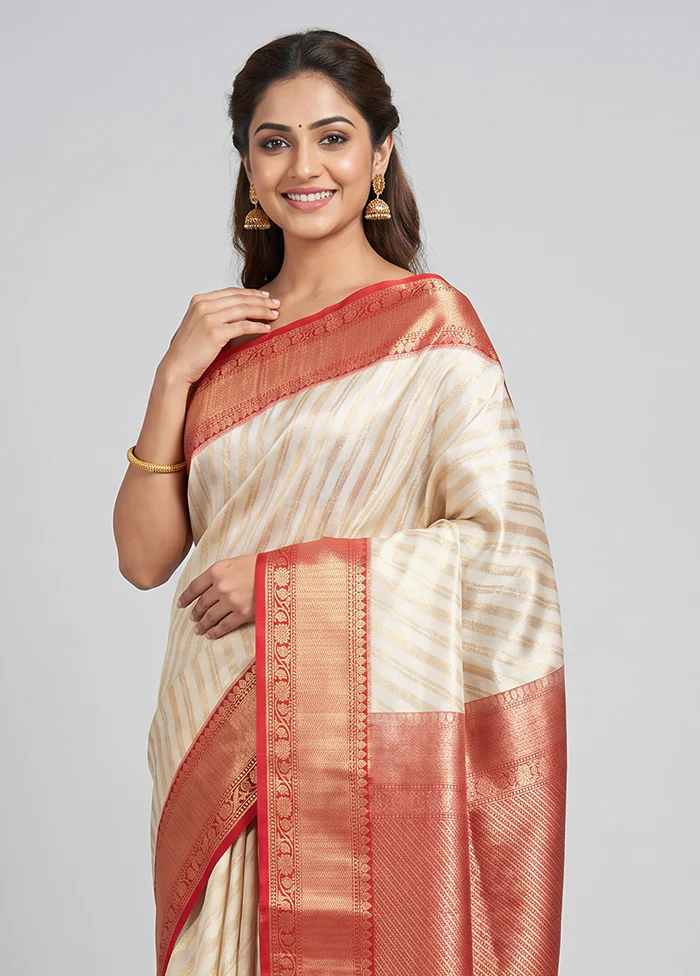 Cream Tissue Silk Saree With Blouse Piece - Image 2
