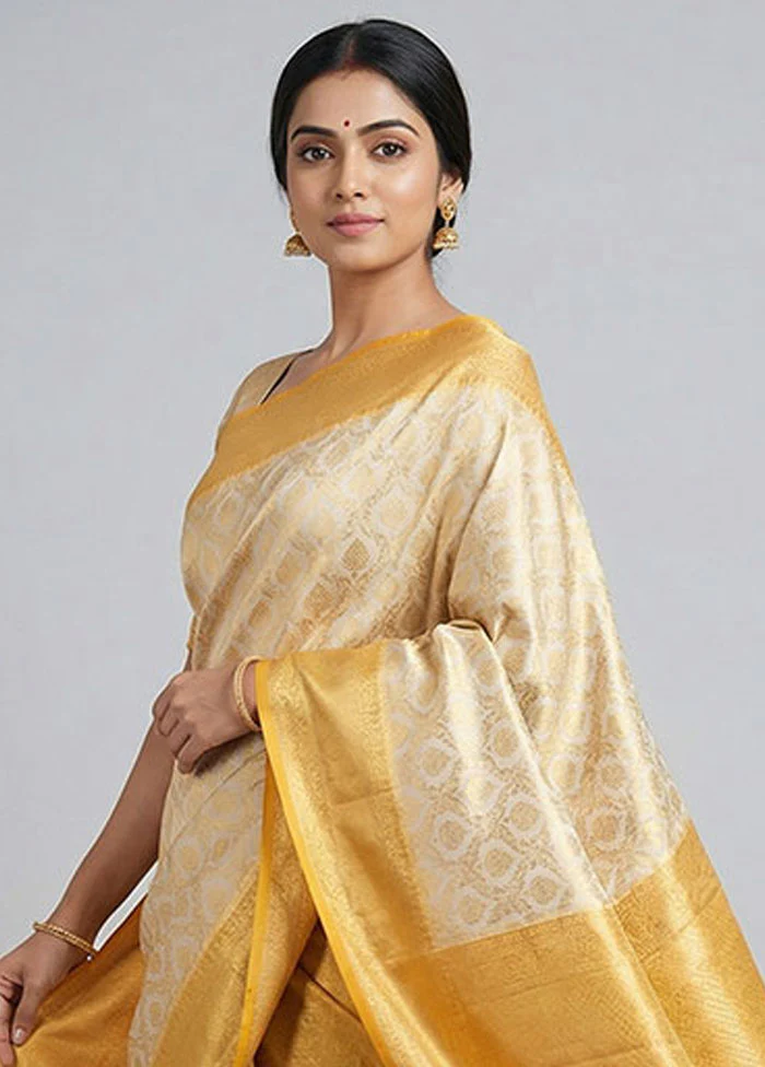 Cream Tissue Silk Saree With Blouse Piece - Image 2
