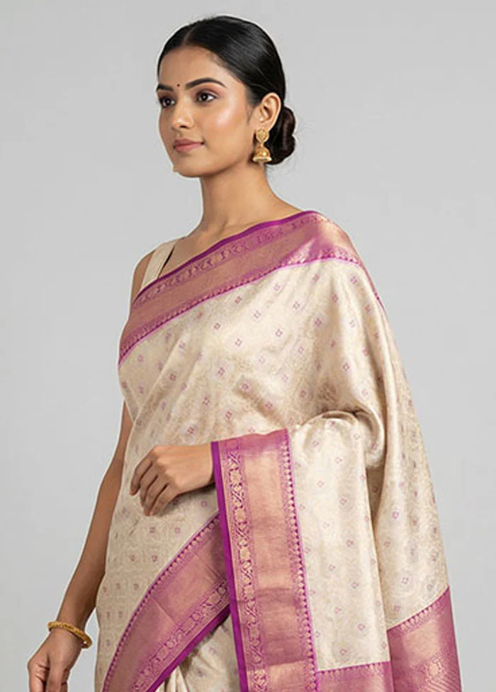 Cream Tissue Silk Saree With Blouse Piece - Image 2