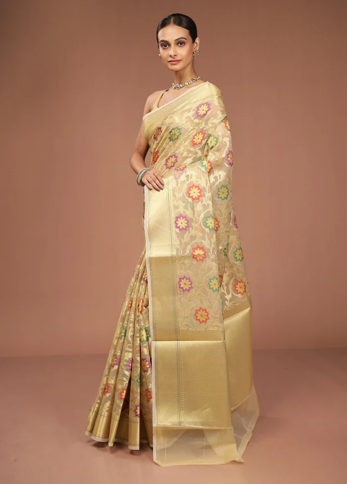Cream Tissue Silk Saree With Blouse Piece - Image 4