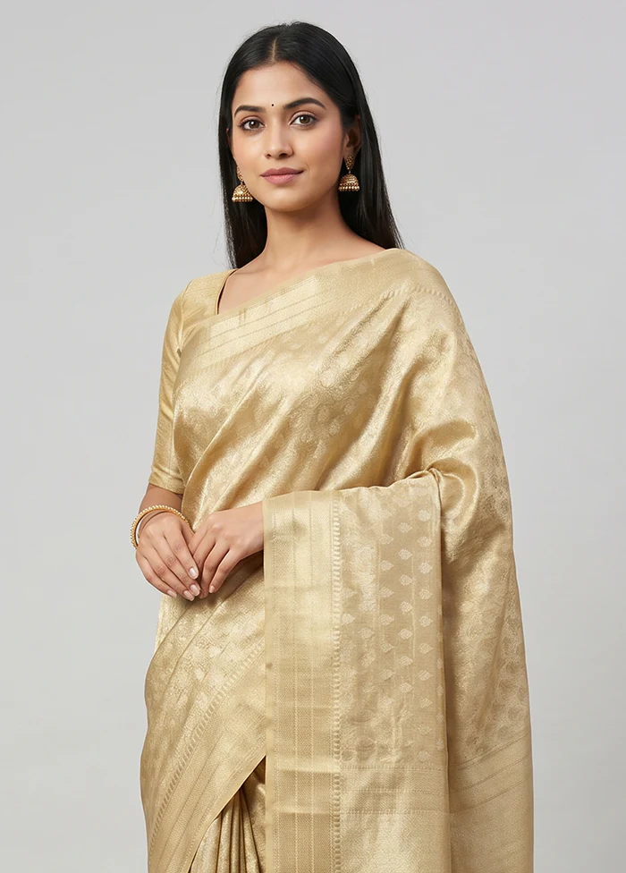 Cream Tissue Silk Saree With Blouse Piece - Image 2